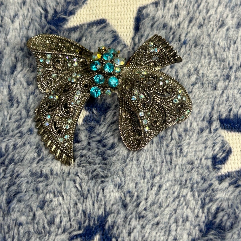 Vintage Silver and Blue Bow Brooch